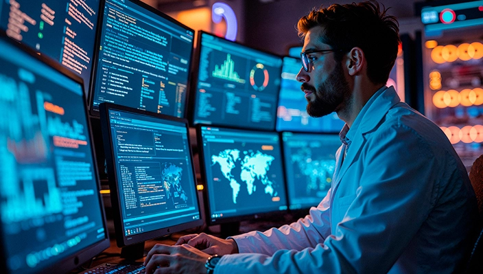 Profissional analisando dados em múltiplos monitores